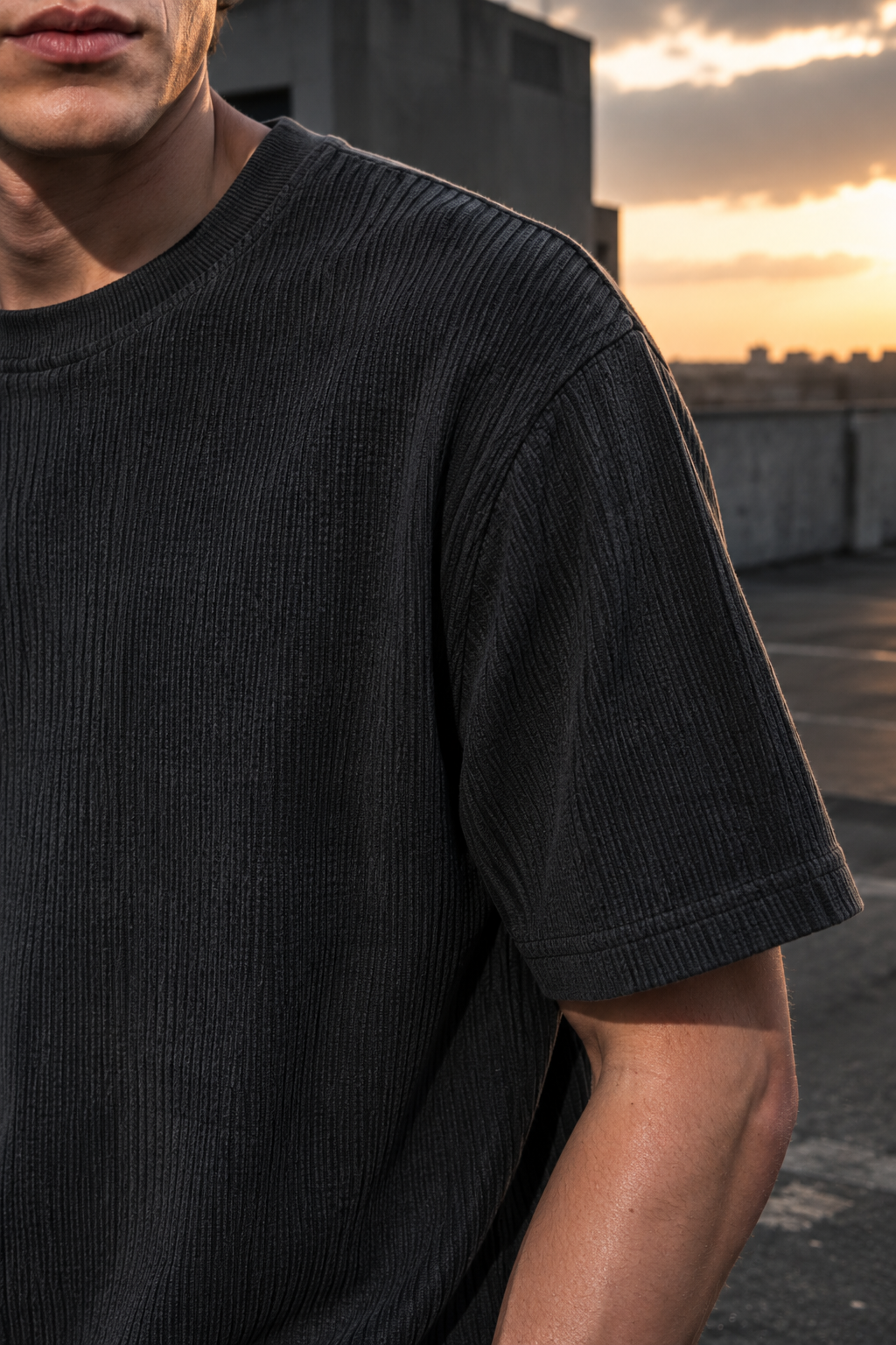 Slate 53 rib tee fabric stress closeup