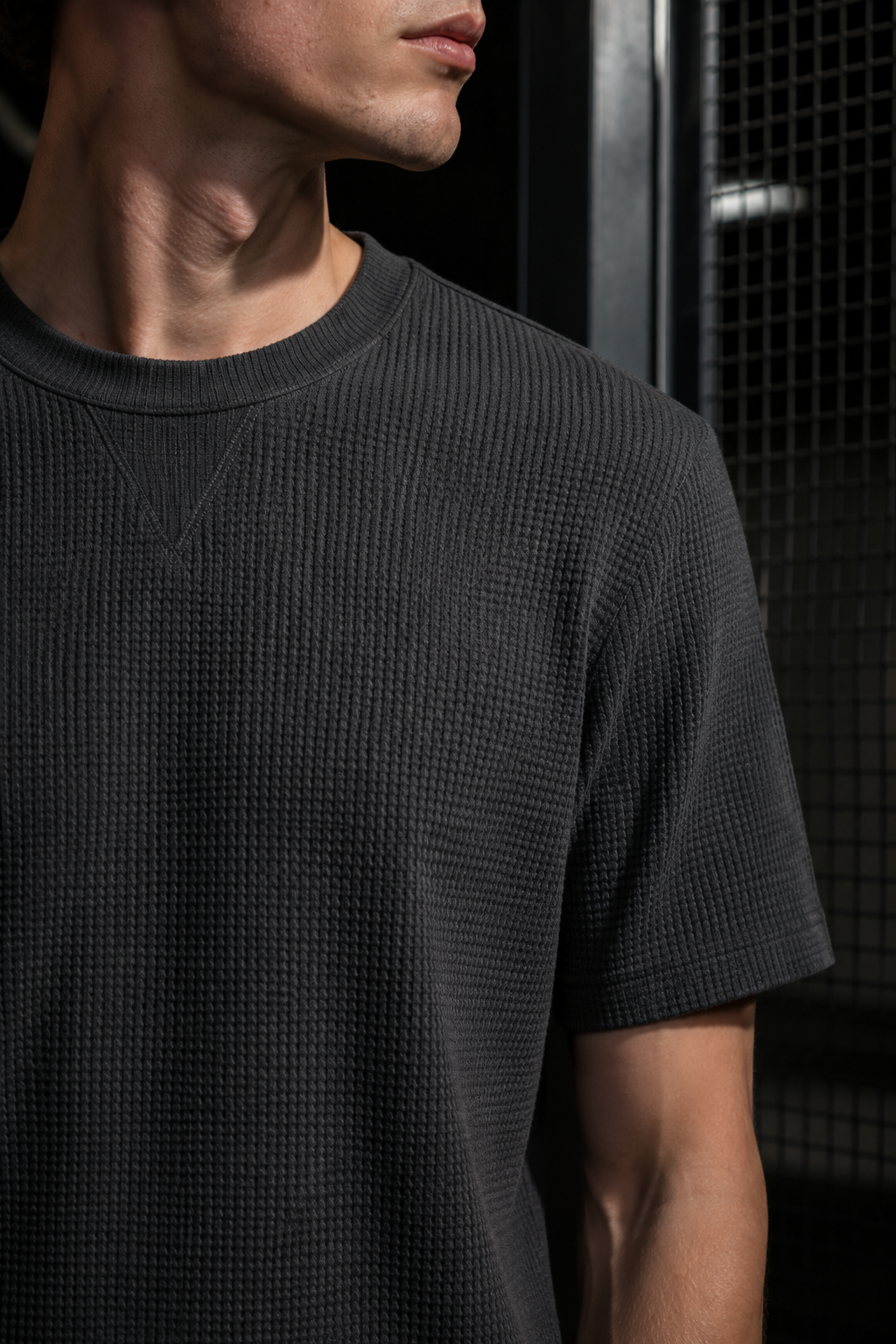 Slate 63 rib tee fabric stress closeup